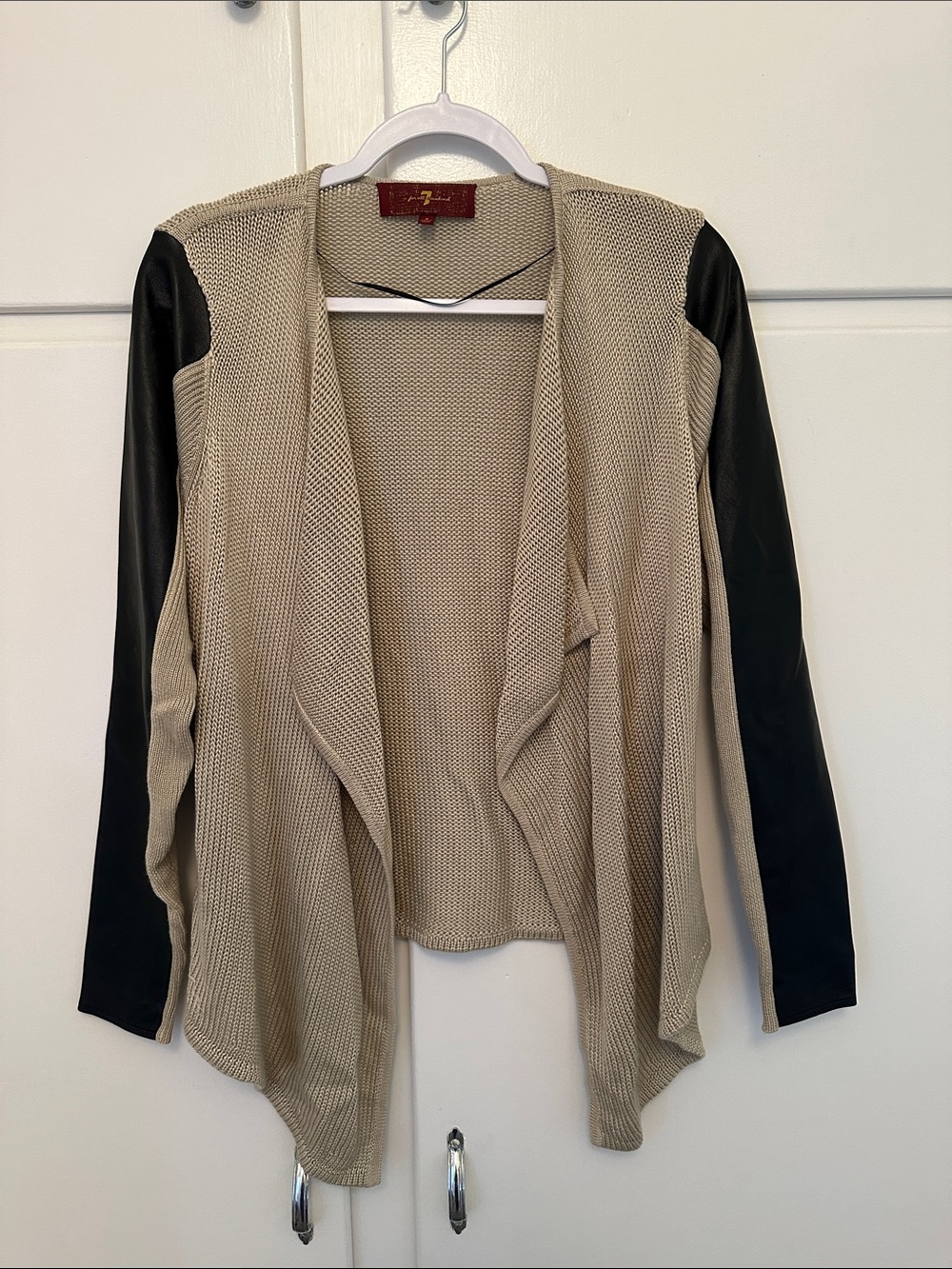 LIKE NEW 7 For All Mankind Beige Cardigan Sweater with Black Leather Trim